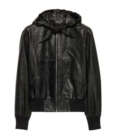 Prada Long-sleeved Hooded Leather Jacket In Black