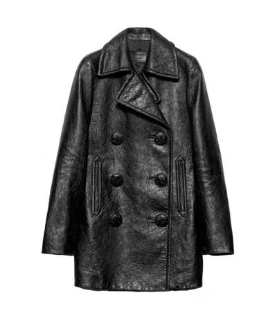 Prada Long-sleeved Leather Coat In Black