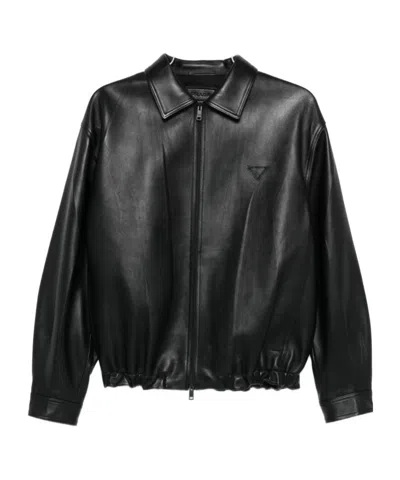 Prada Long-sleeved Leather Jacket In Black
