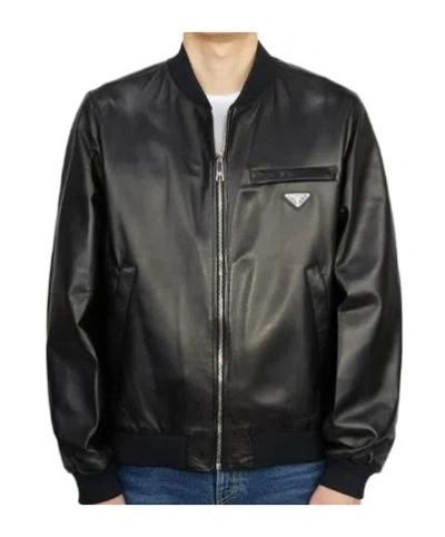 Prada Long-sleeved Leather Jacket In Black