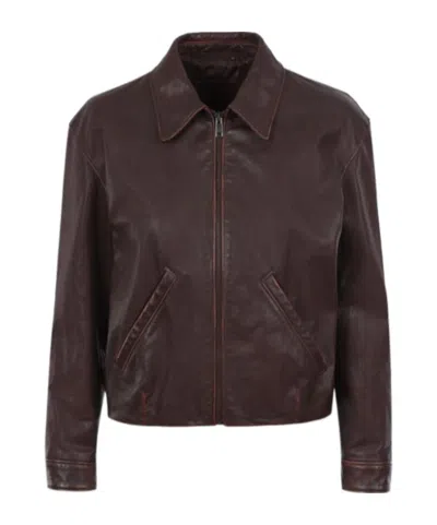 Prada Long-sleeved Leather Jacket In Brown