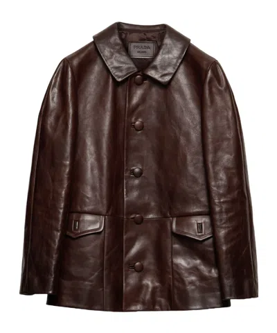 Prada Long-sleeved Leather Jacket In Coffee