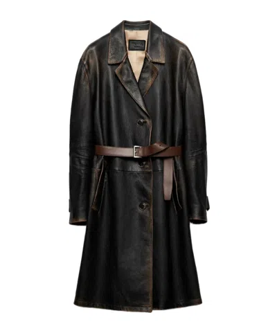 Prada Long-sleeved Logo Coat In Black