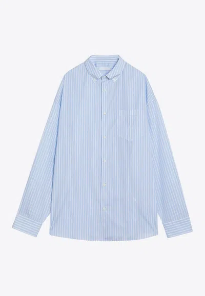 Prada Long-sleeved Logo Striped Shirt In Light Blue