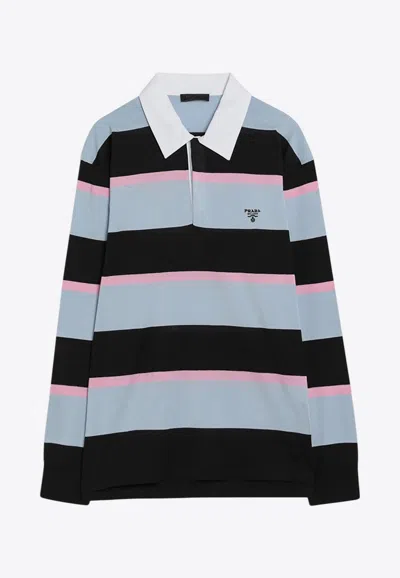 Prada Long-sleeved Striped Polo T-shirt In Black