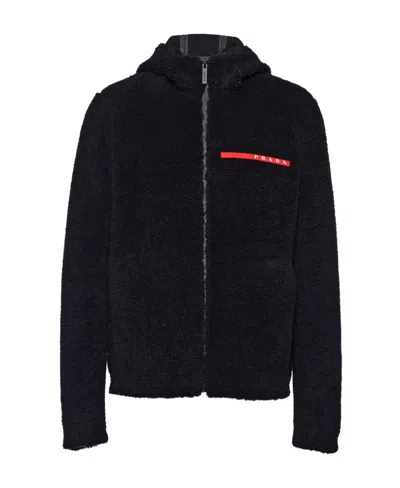Prada Wool Blend Fleece Cardigan Hoodie In Black