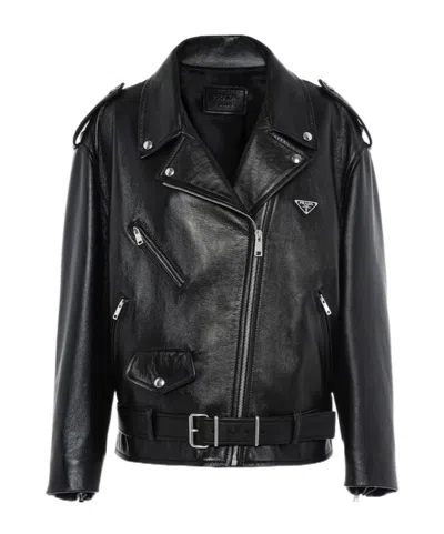 Prada Long-sleeved Zipper Leather Jacket In Black