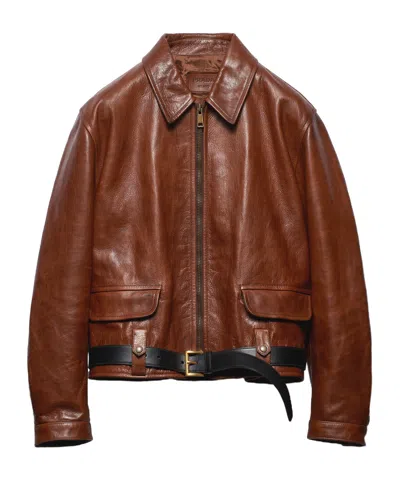 Prada Long-sleeved Zipper Leather Jacket In Brown