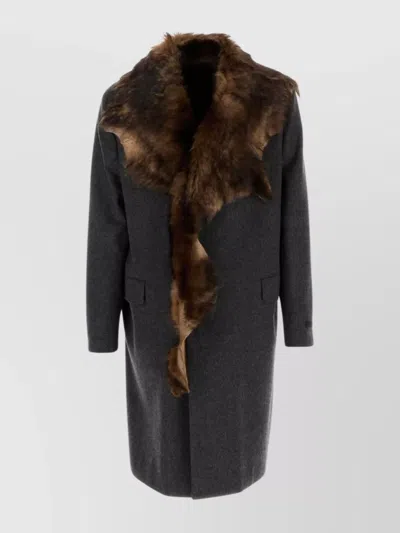 Prada Long Wool Coat Featuring Fur Collar In Blue