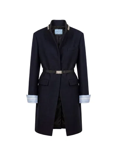Prada Long Wool Coat With Belt And Jewel Collar In Animal Print