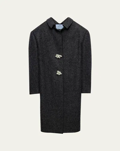 Prada Long Wool Coat With Pearl Buttons In Gray