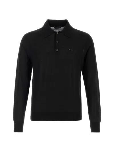 Prada Navy Blue Long Sleeves Logo Polo In Black