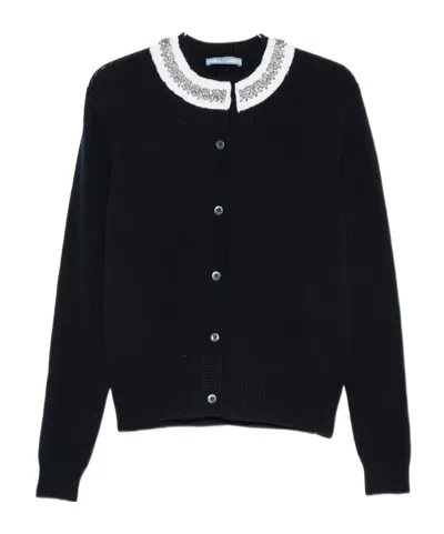 Prada Crystal-embellished Ruffled-collar Cardigan In Blue