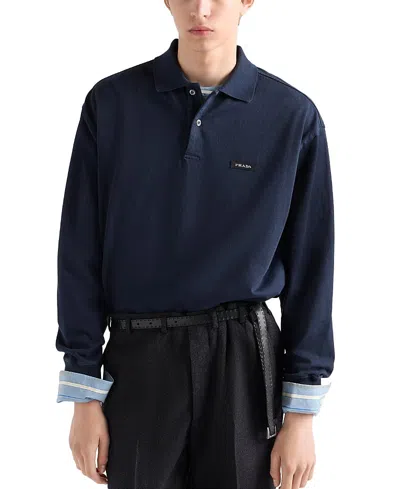 Prada Long-sleeved Cotton Polo Shirt In Blue