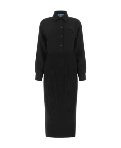 Prada Long-sleeved Shirt Dress In Black