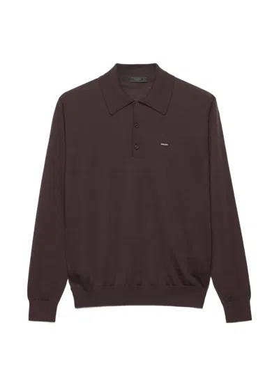 Prada Long-sleeved Superfine Wool Polo Sweater In Burgundy