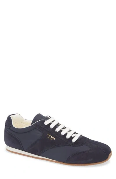 Prada Blue Calf Leather Bos Taurus Low Top Sneakers In Black