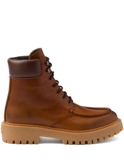 Prada Leather Lace-up Boots In Brown
