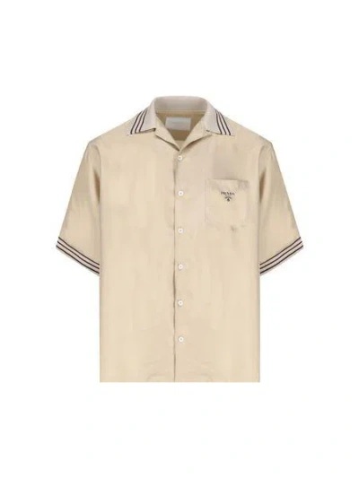 Prada Short-sleeved Silk Twill Shirt In Beige