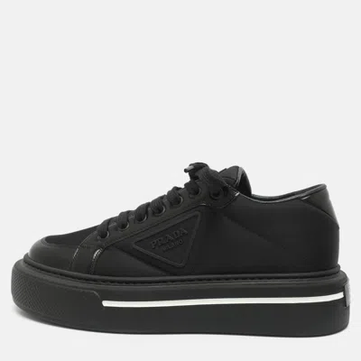 Pre-owned Prada Macro Size 38 Black Brushed Leather And Re-nylon Low Top Sneakers