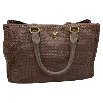 Pre-owned Prada Madras Brown Woven Leather Top Handle Shopping Tote Medium