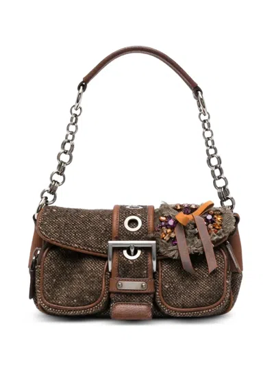 Pre-owned Prada Madras Chain-strap Embellished Shoulder Bag In Brown