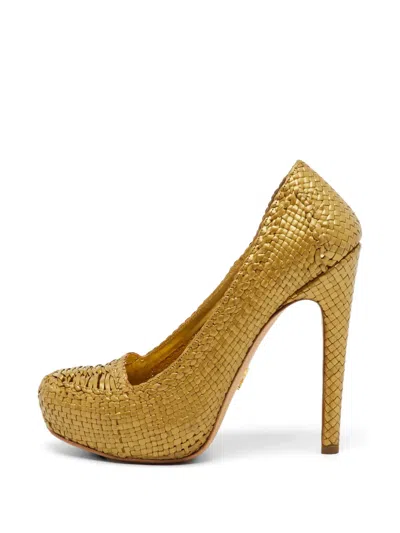 Pre-owned Prada Madras Heeled Pumps In Gold