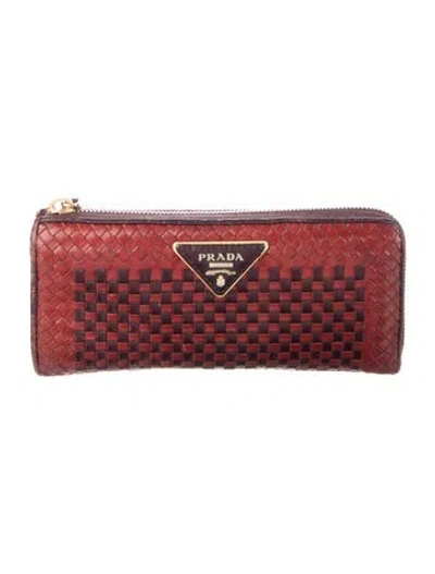 Pre-owned Prada Madras Leather Continental Wallet In Red