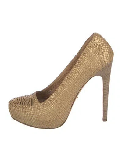 Pre-owned Prada Madras Weave Raffia Pumps In Neutrals
