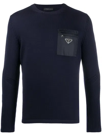 Prada Virgin Wool With Chest Pocket Sweater In Blue