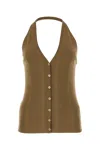 Prada Cotton Knit Halter V-neck With Ribbed Texture And Button Accents
