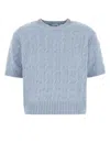 Prada Cable Knit Crew Neck Short Sleeve Sweater In Azzurro