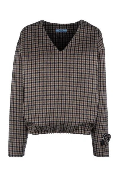 Prada Checkered Knitwear V-neck Sweater In F0005