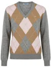 Prada Argyle-pattern V-neck Cashmere Sweater In Gray