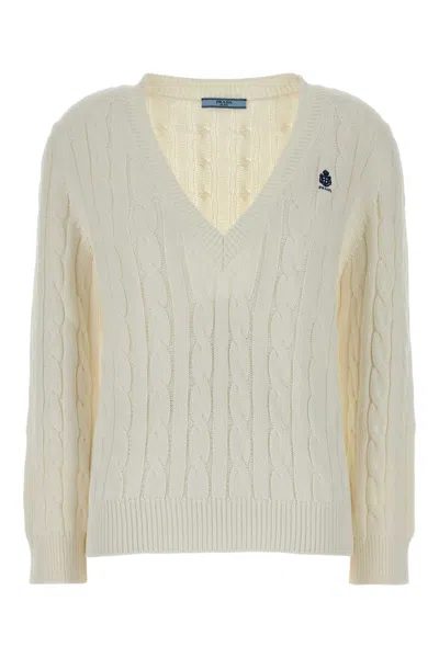 Prada Cotton Sweater Cable Knit V Neckline In Neutral