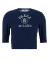 Prada Cashmere Sweater With 3/4 Sleeves And Crew Neck In Blue
