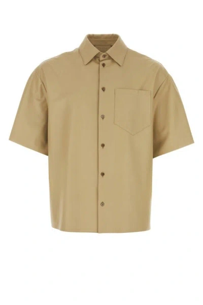 Prada Man Beige Leather Shirt In Brown
