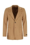 Prada Structured Camel Blazer With Flap Pockets In Brown