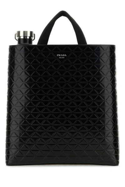 Prada Leather Shopping Bag With Detachable Water Bottle In Black