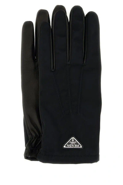 Prada Nylon And Nappa Leather Gloves In Black
