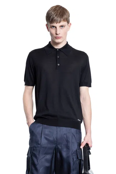 Prada Short Sleeve Polo Collar Ribbed Cuffs Sweater In Blue