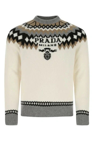 Prada Off White Embroidered Cashmere Sweater In Multicolor
