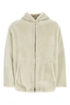 Prada Drawstring Hood Shearling Jacket In White