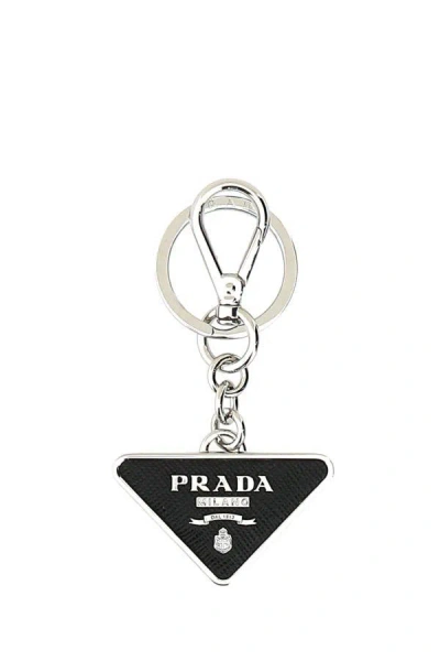 PRADA PRADA MEN TWO-TONE LEATHER AND METAL KEYCHAIN