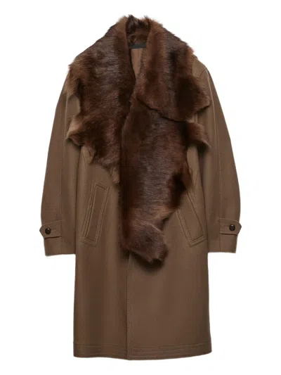Prada Wool Coat With Shearling Collar In Brown
