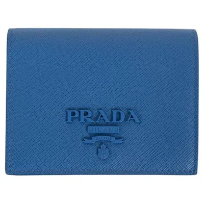 Pre-owned Prada Marea Blue Saffiano Shine Leather Small Wallet 1mv204