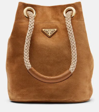 Prada Mariner Small Suede Bucket Bag In Brown