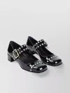 Prada Block Heel Round Toe Patent Finish Studded Detail In Black