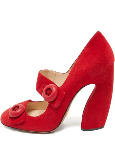 Pre-owned Prada Mary Jane Button Suede Pumps In Red