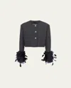Prada Mat Feather-cuff Cropped Jacket With Crystal Buttons In Ardesia